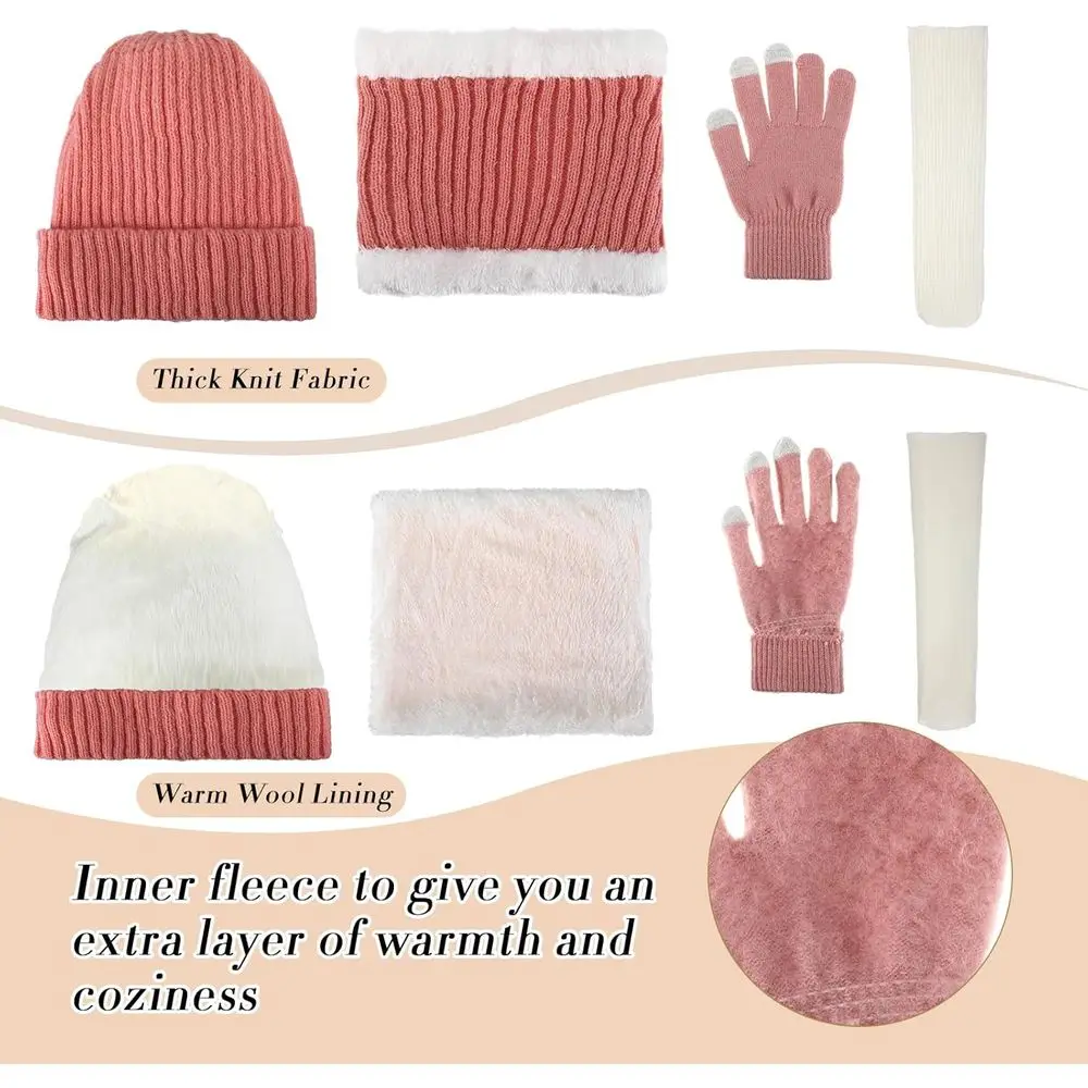 طقم قبعة صوف شتوية للسيدات وشاح وقفازات وجوارب مع قفازات تعمل باللمس لهدايا عيد الميلاد