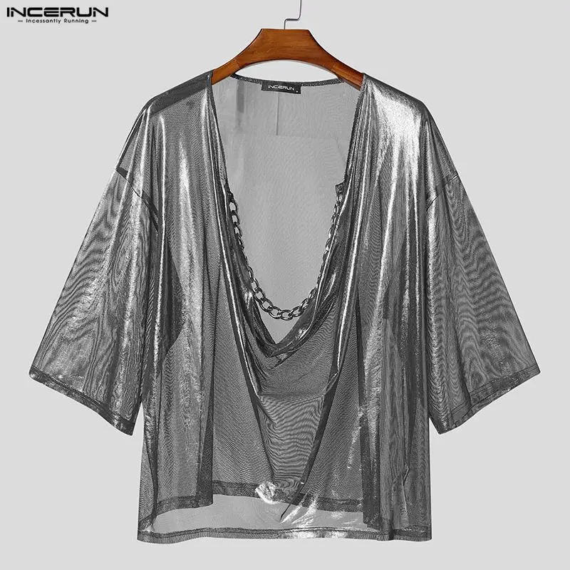 INCERUN Herren T-Shirt Einfarbig Glänzend Halber Ärmel Party Herrenbekleidung Streetwear Locker 2026 Mode Nachtclub Tee Tops Camisetas