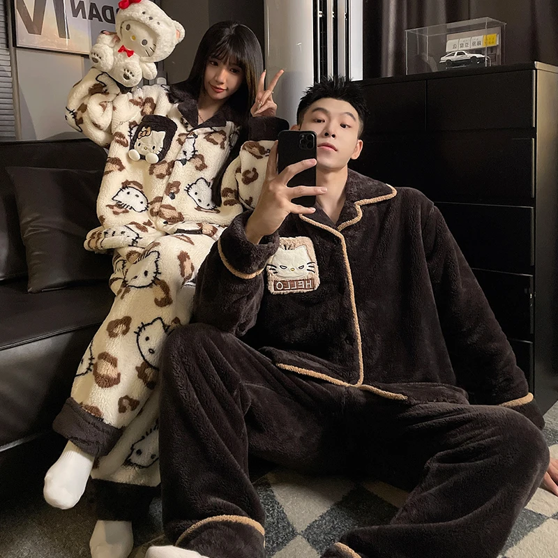 

Зимний женский пижамный комплект в стиле аниме «Hello Kitty», мужская модная повседневная бархатная пижама с воротником, кардиган, брюки, домашняя одежда для пар с героями мультфильмов
