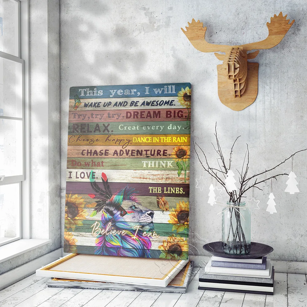 Bohemia Flower Art Print Poster Wood Grain Lion Wall Picture Inspirational Quote Modern Canvas Painting Decor