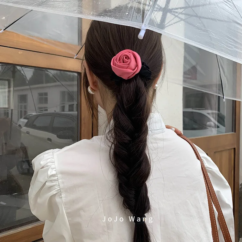 Leather Band Upgrade~Satin Rose Hair Ring Headwear High Elastic Tied Hair Ornament Headrope Korean Flower Hair Ring Headwear