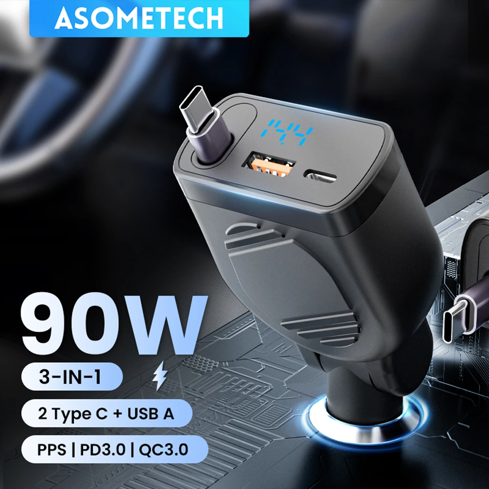 90W Fast Car Charger Retractable 3-in-1 PD3.0 QC3.0 PPS Fast Charging Car Phone Charger for IPhone 15 14 Pro Max Samsung Huawei