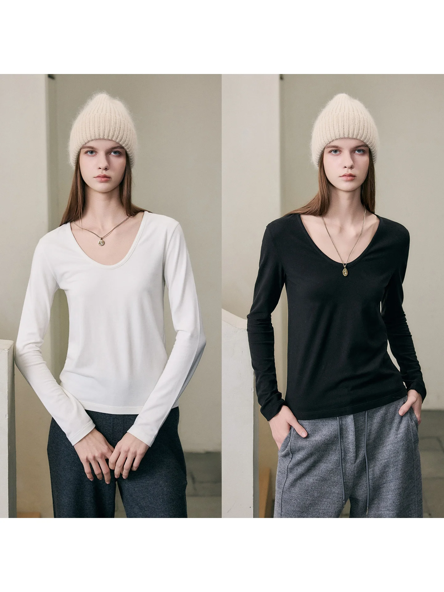

SOV Warm T-irt Long Sve Wool Fabric Self-Heating High-Tech Ladies Casual Faion Stand Version V-Ne Regular Length