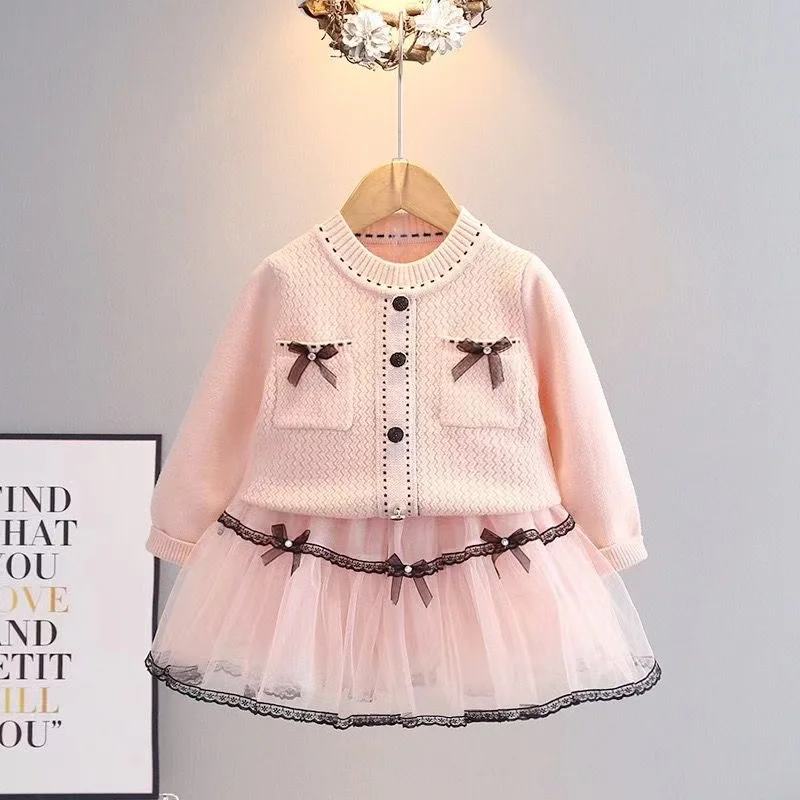 Girls Set Autumn and Winter New Korean Version Of The Small Fragrant Wind Sweater Gauze Princess Skirt Two-piece Set 2024 New