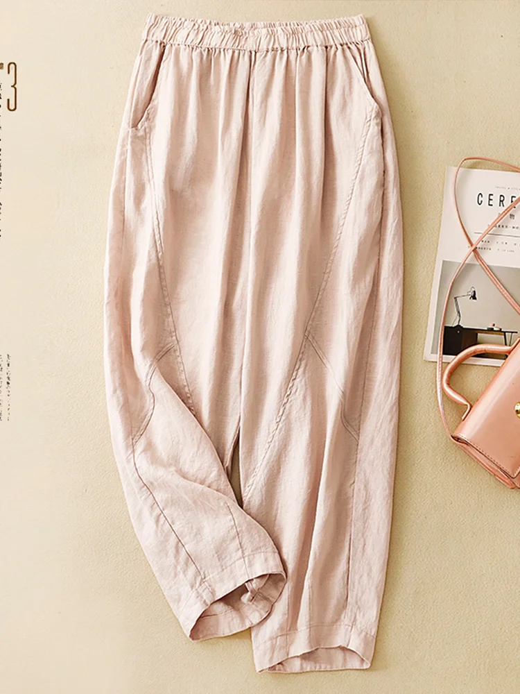 Cotton Linen Loose Elastic Waist Summer Thin Casual Pants Women High Waist Slimming Drapey Versatile Harlan Dad Pants
