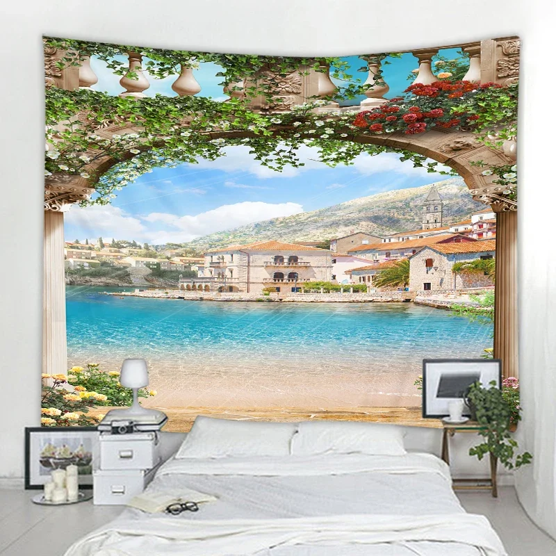 European Corridor Landscape Wall Hanging Tapestry Beach Landscape Wallpaper Beach Printing Tapestry Home Decoration