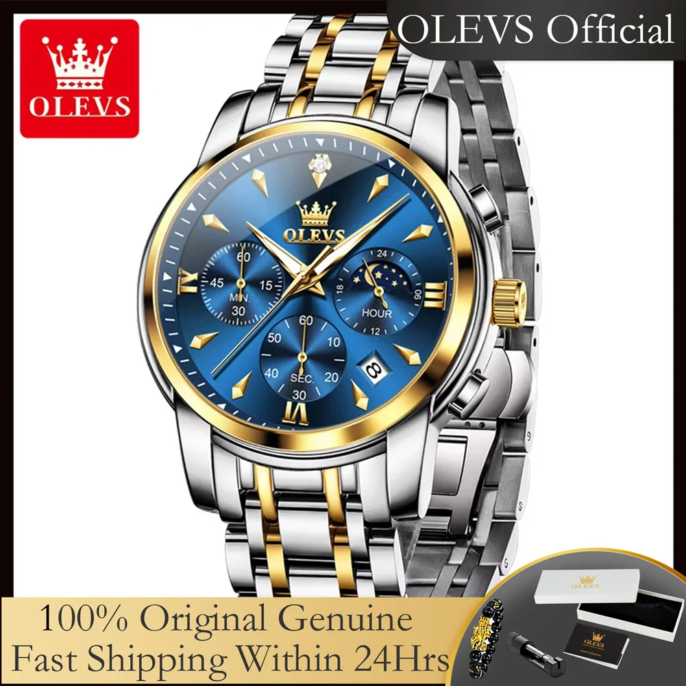 

OLEVS 3639, роскошные кварцевые часы из нержавеющей стали для мужчин, лучший бренд, оригинальные водонепроницаемые светящиеся мужские часы с фазой Луны