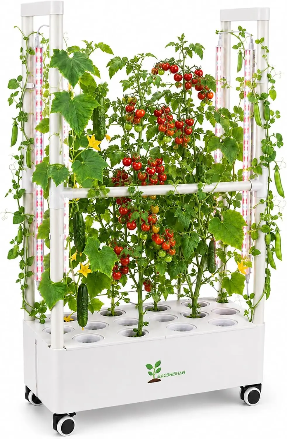 28 Pods Tall Hydroponics Growing System Climbing Plants Open Frame Tomatoes Cucumbers Dual Mount Full Spectrum LED 21L 2 Week Ta