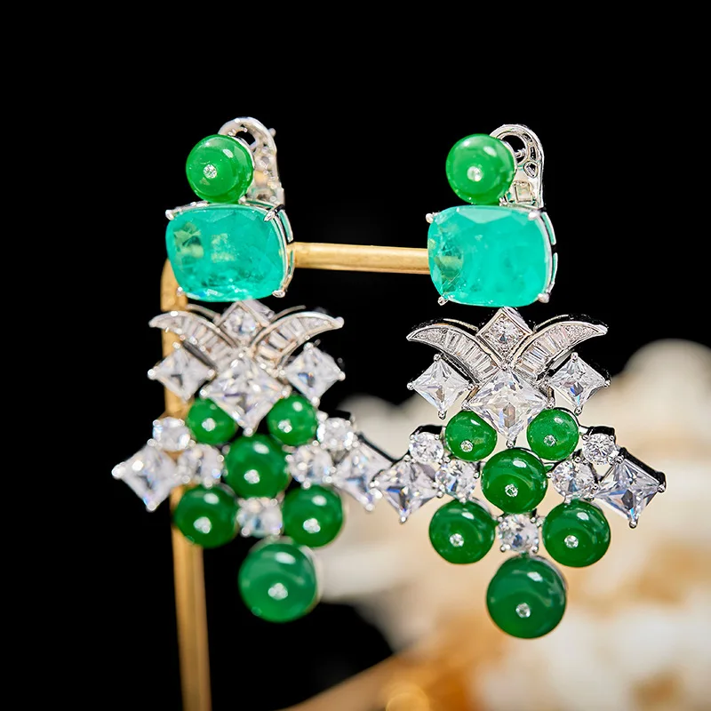 

High Quality Luxury Elegant Jewelry Lady Anniversary Green Agate Zirconia Earrings Wedding Banquet Exquisite Accessories Hot