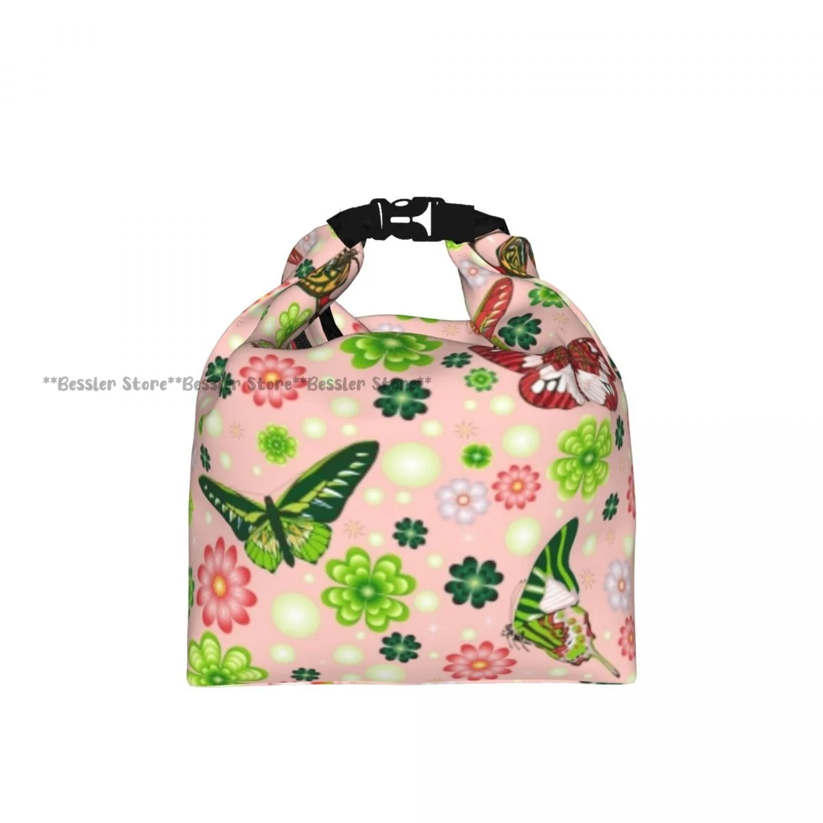 Roll-Top Insulated Lunch Bag Butterflies Flowers Shamrocks Botanical Print Thermal Bento Box Bag Portable Cooler Bag for Picnic