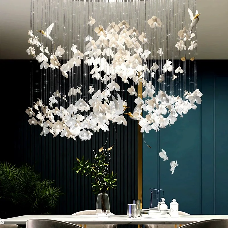 Luxury Designer Flower Ceiling Chandelier White Ceramic Flower Bird Chandelier Lightings For Home Villa Hotel Restaurant