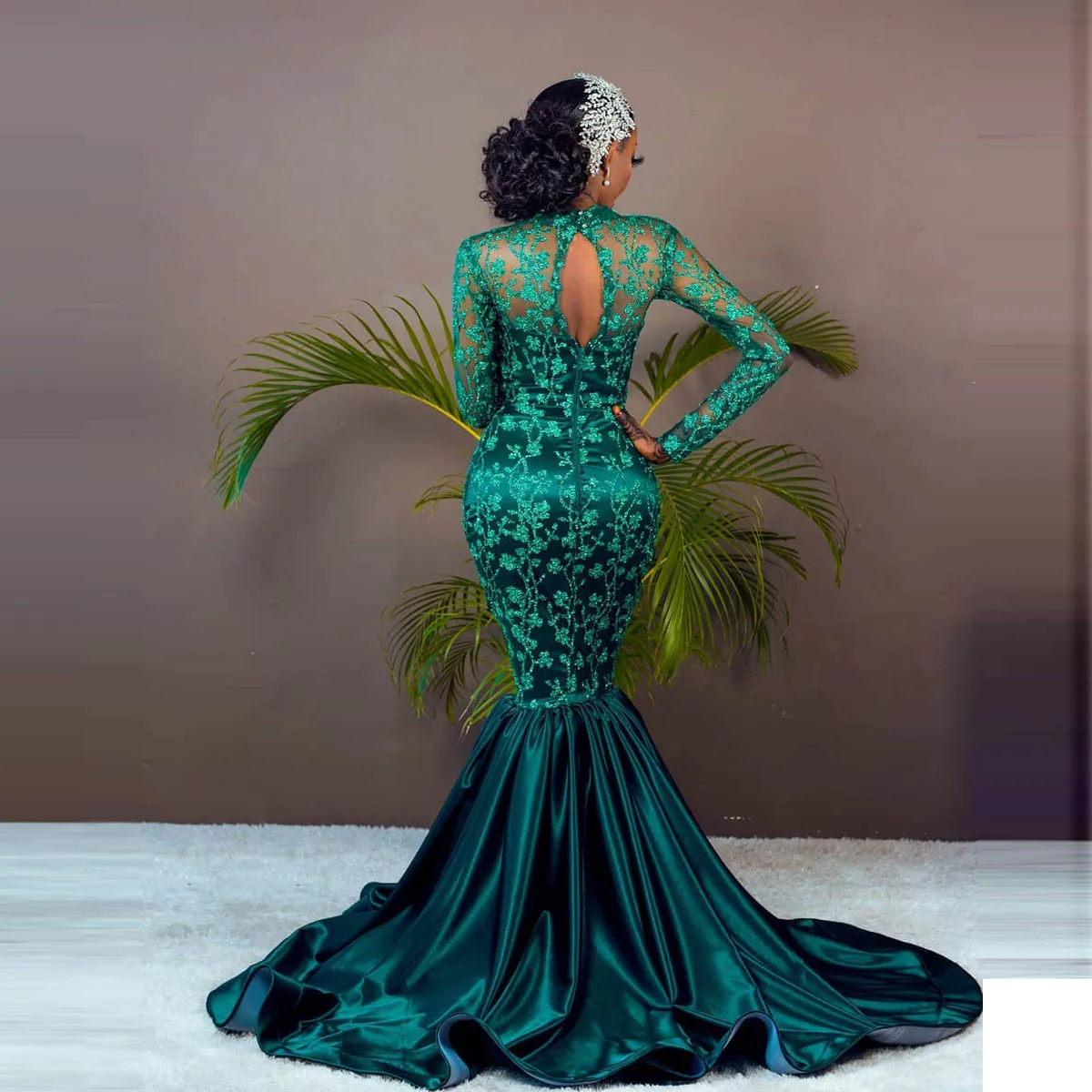 Nigerian Lace Evening Dresses High Neck Long Sleeves Mermaid Prm Dress Sexy Back Long  African Women Party Gowns