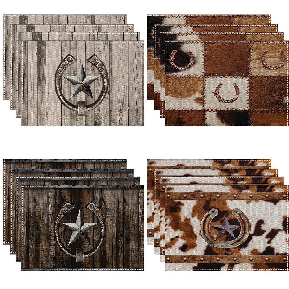 Western Cowhide  Linen Placemat Non Slip Table Mats Rectangular Non Slip Dining Table for Kitchen Home Decor Essentials