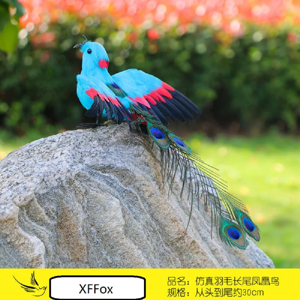 blue simulation Phoenix bird model foam and feather peacock tail bird gift about 38cm xf2976