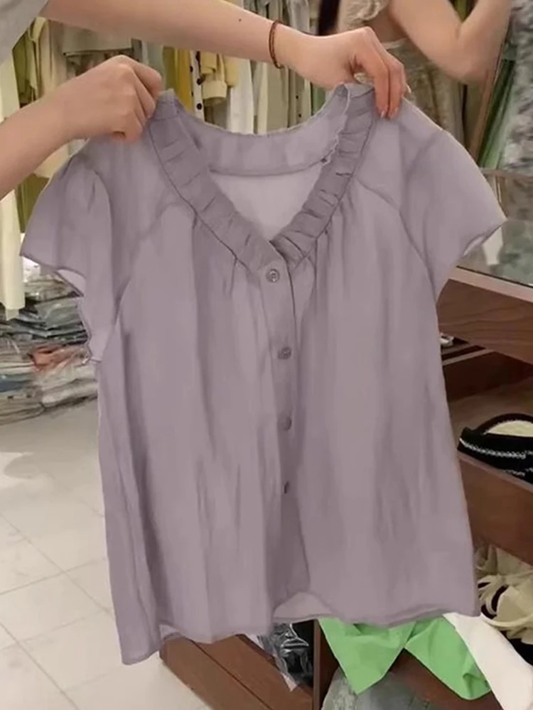 

Ele V-Ne Cotton Linen irt Women's Casual Slimming Summer Top Trendy Age-Defng Korean Sle Commute Faion