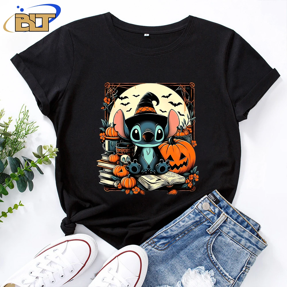 

Stitch Halloween printed women's T-shirt black cotton short-sleeved casual top