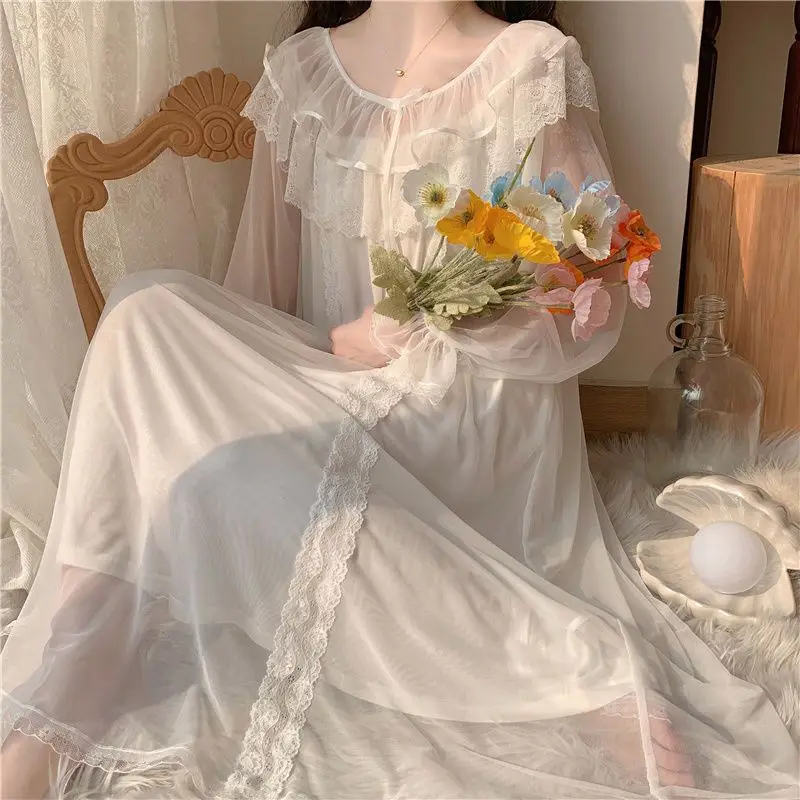 Spring Autumn Long Sleeve Pajama For Women Fairy Round Neck New Long Sleeve Lace Retro Princess Pajamas Ladie's Nightdress Home