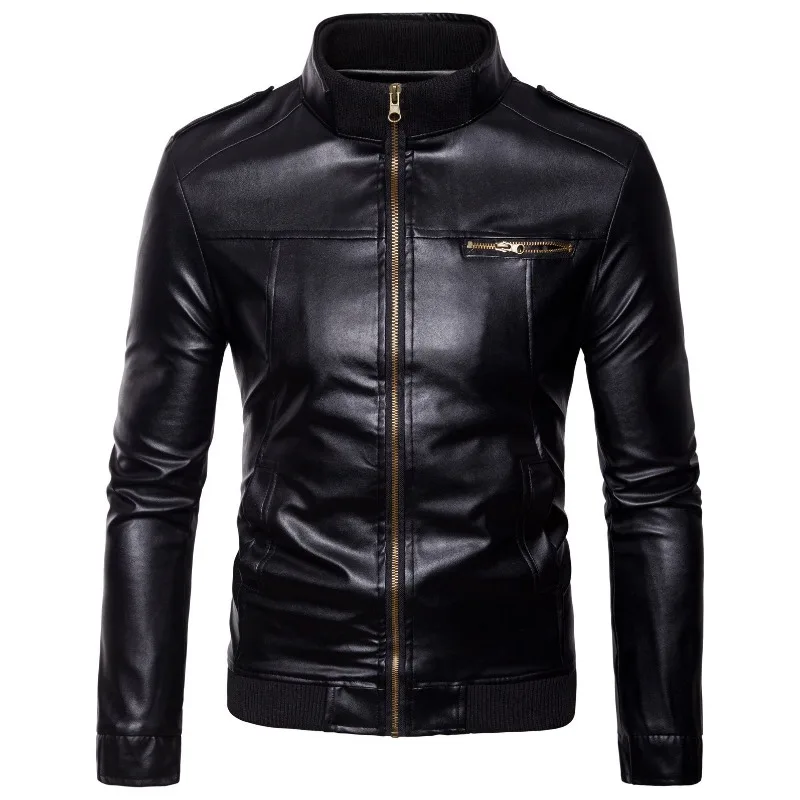 Horizontal Zipper Short Slim Fit Leather Jacket, Men's Standing Collar Casual Jacket, Motorcycle Leather Jacket, Men's