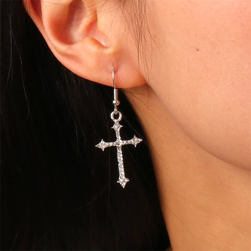 Süße Kristall Kreuz Tropfen Ohrringe für Frauen Gothic Legierung Kreuz baumeln Haken Ohrringe Mädchen Party Urlaub Schmuck Geschenke – Detail 4