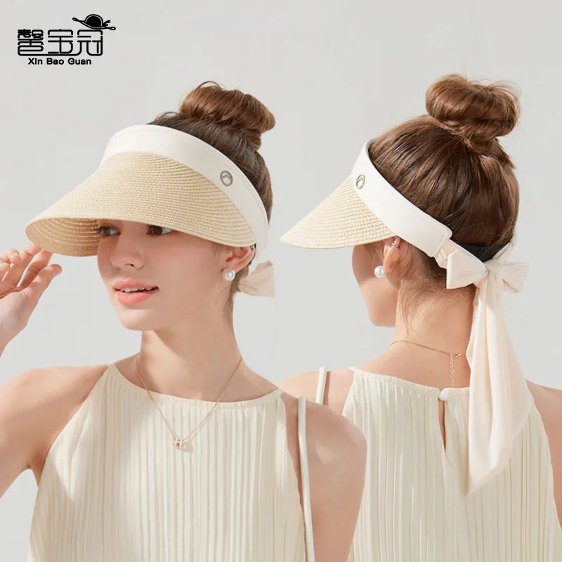 Cool straw woven hat, outdoor large eave straw hat, summer sun shading and sun protection hat, floating ribbon, empty top hat