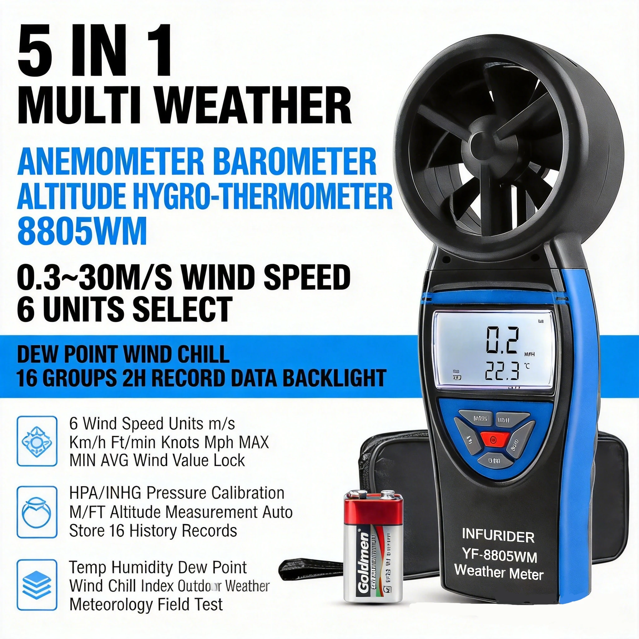 Digital Anemometer Barometer Altimeter Temp Humidity Dew Point Wind Chill Data Logger Holdpeak 8805WM