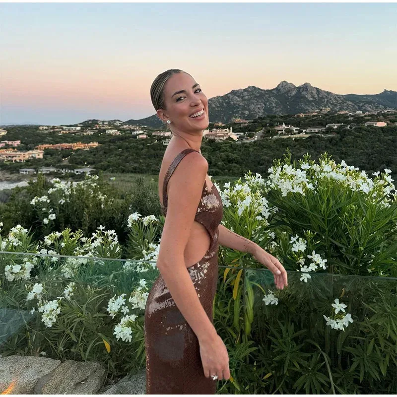 Vestido largo con espalda descubierta y lentejuelas brillantes para mujer, vestido ajustado sin mangas con tirantes de cintura alta, vestido de fiesta de noche para mujer