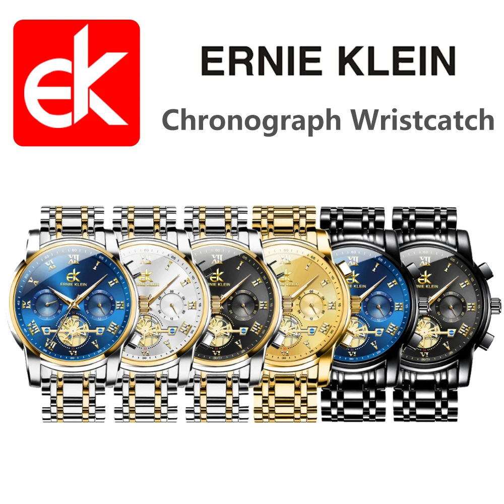 ERNIE KLEIN Men\'s Watches Classic Fashion Roman Numeral Dial Flywheel Style Original Quartz Watch for Man Waterproof Luminous