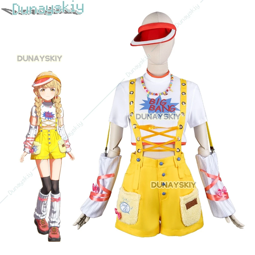 Game Gakuen The Idolm@Ster Kotone Fujita Cosplay Costume Yellow Rompers T-shirt Hat Wig Woman Cute Sexy Daily Leisure Time Suit