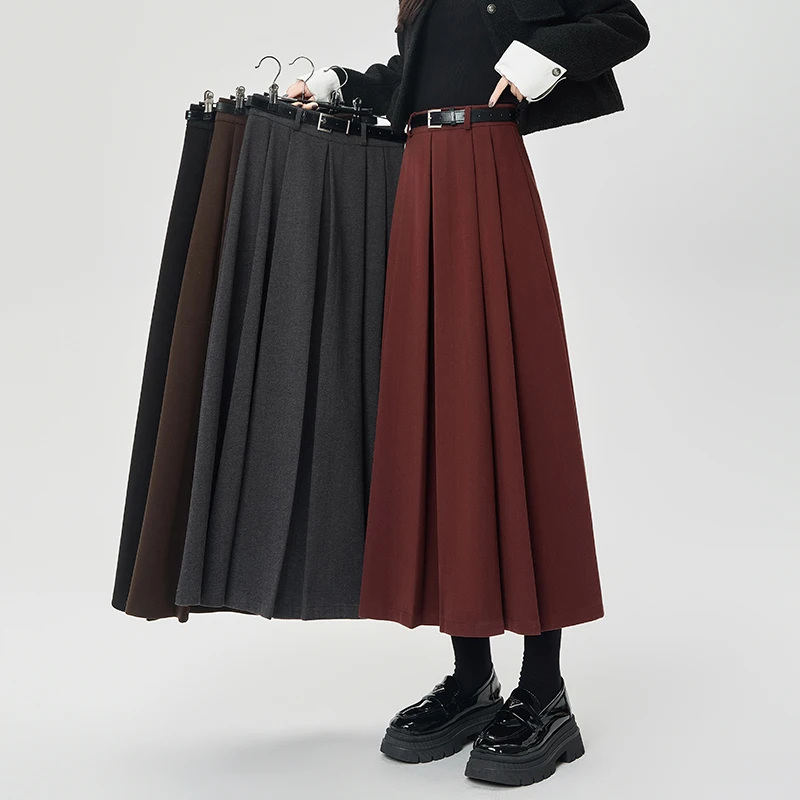 

Women Skirt Woolen Pleated High Waisted A Line Mid Length Korean High Street Fashion Retro Classic Casual Winter Long Skirt