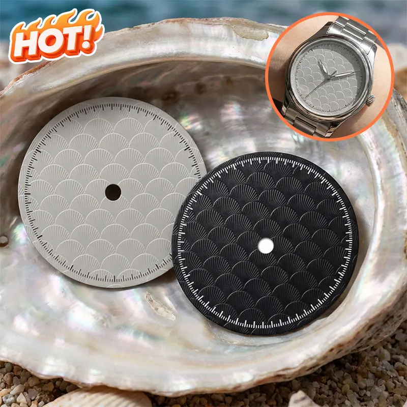 28,5mm Fischschuppen-Zifferblatt mit Muschelmuster, Ohne Leuchteffekt, Uhrenzifferblätter, Uhrenzubehör für NH35/NH36/NH38/4R Uhrwerke, Ohne Logo