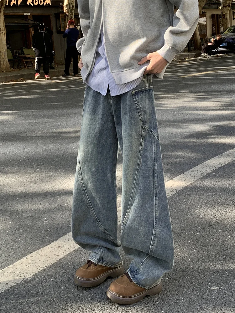 

American Waed Knife Jeans Men's Deconstructed Patchwork Loose Workwear Trousers High Street Scythe Wide Leg Casual Lon...