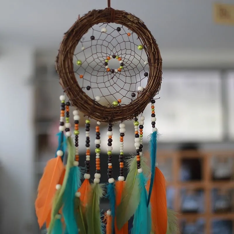 Vintage Natural Rattan Dreamcatcher Wall Decor Handcrafted Color Feather Tassel Beaded Ornament Indoor Hanging Craft Pendant.
