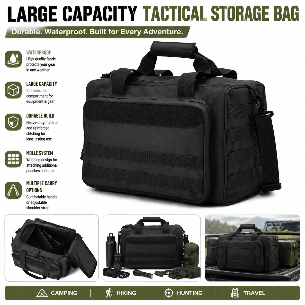 Large Capacity Tactical Storage Bag Waterproof Outdoor Gear Organizer Portable Military Utility Bag for Camping Hiking Hunting