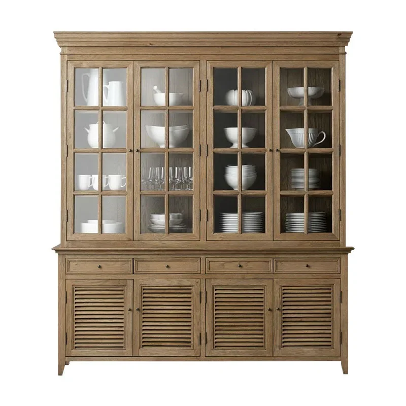 American rural all solid wood bookcase, three or four floor-to-ceiling study locker with glass door