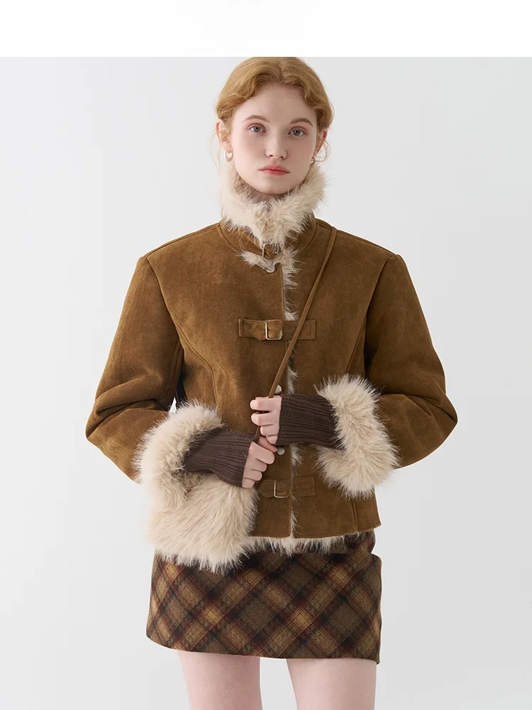 

Warm Thiened Suede Fur Jaet Women's Winter New Sle Casual Loose Fit Polyester Fiber Coat with Stand Collar for Daily Use