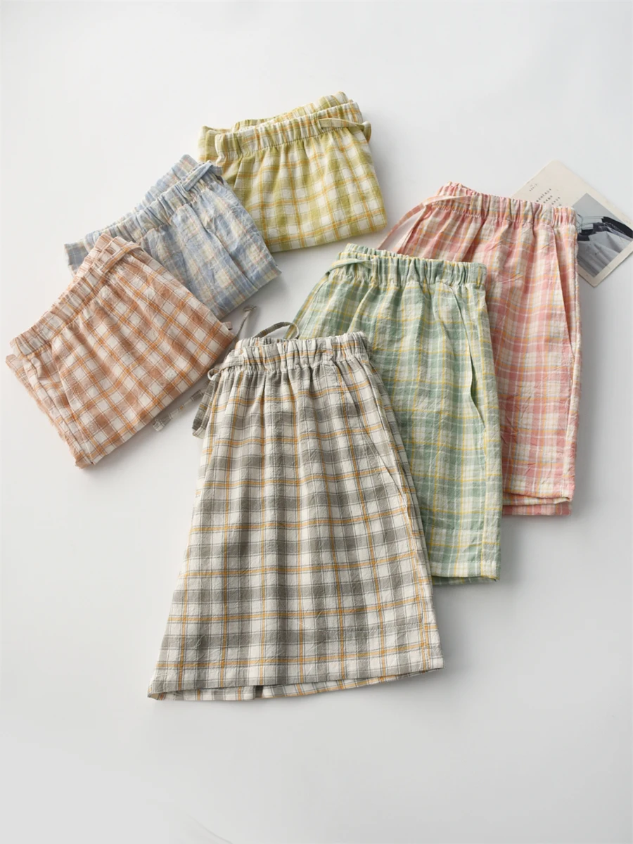 

Couples Plaid ex Summer Cotton Pajamas Loose Fit ort Home Pants Beachwear Comfortable Breathable Lightweight Spwear
