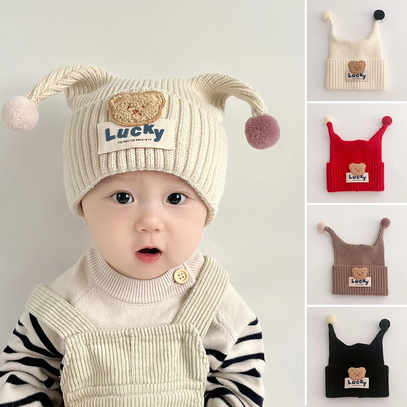 

Cute Antenna Baby Ear Protection Cap Winter Warm Toddler Bear Knitted Hat 3-20Month Children Woolen Crochet Bonnet Kids Beanies