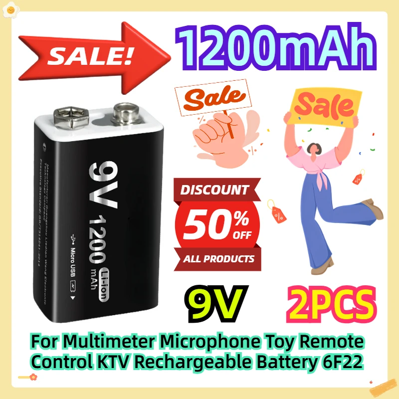 

For Multimeter Microphone Toy Remote Control KTV Rechargeable Battery 6F22 1200mAh 9v 2pcs