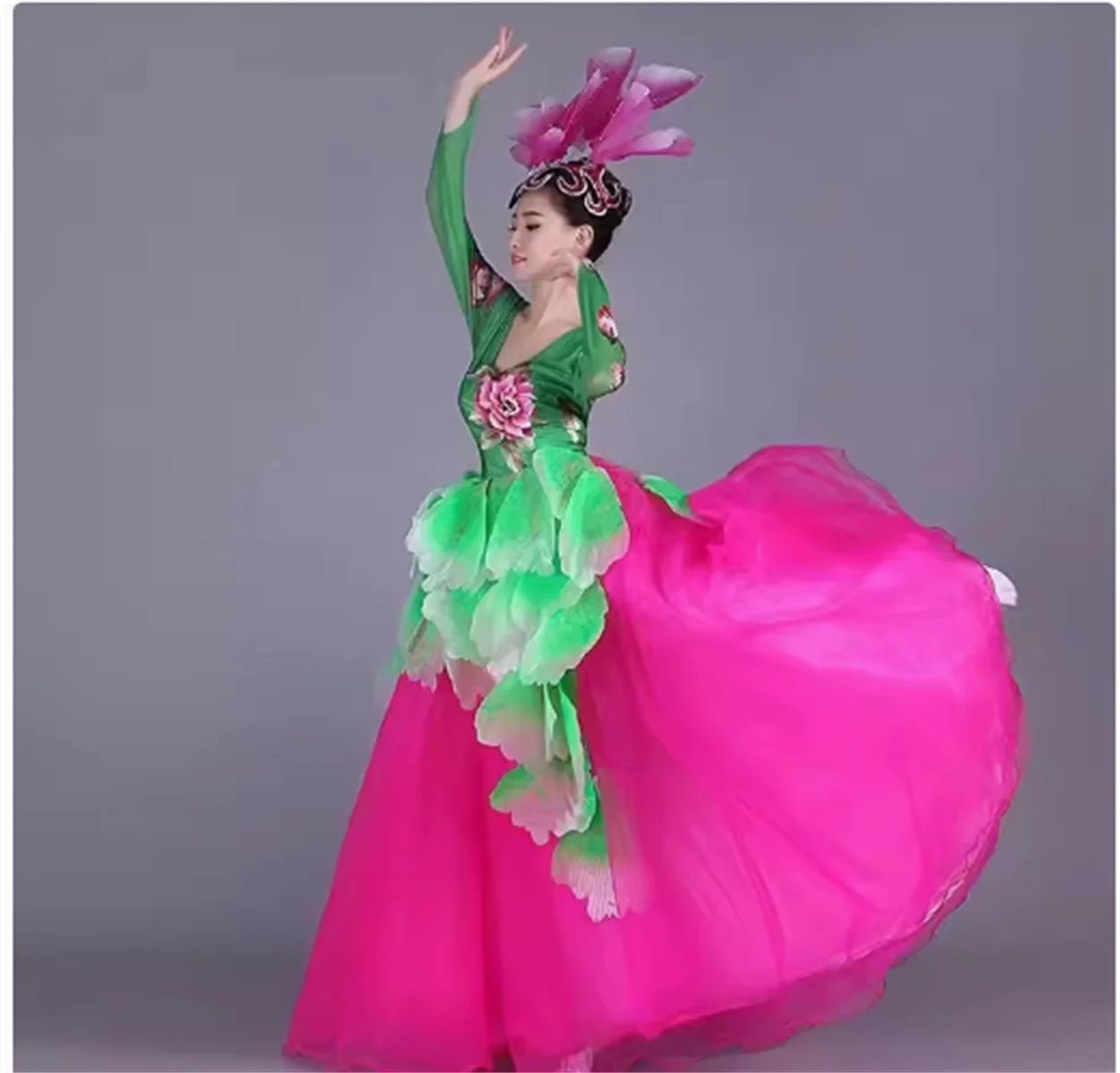 Saia grande para dança de abertura, vestido moderno para performance de dança, peônia estampada, estilo étnico chinês, grande vestido longo, novo, 2023