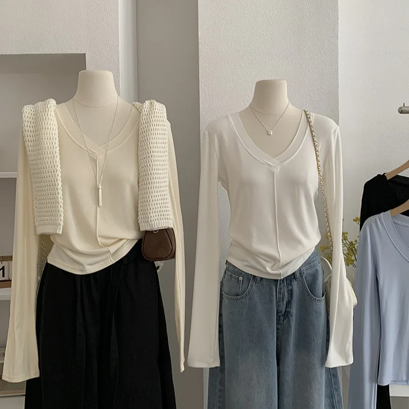 

Slim Fit V Neck Long Sleeve Pure Color Base Shirt Tops Early Autumn New Womens Fashion Cashmere Blend Thermal Wear