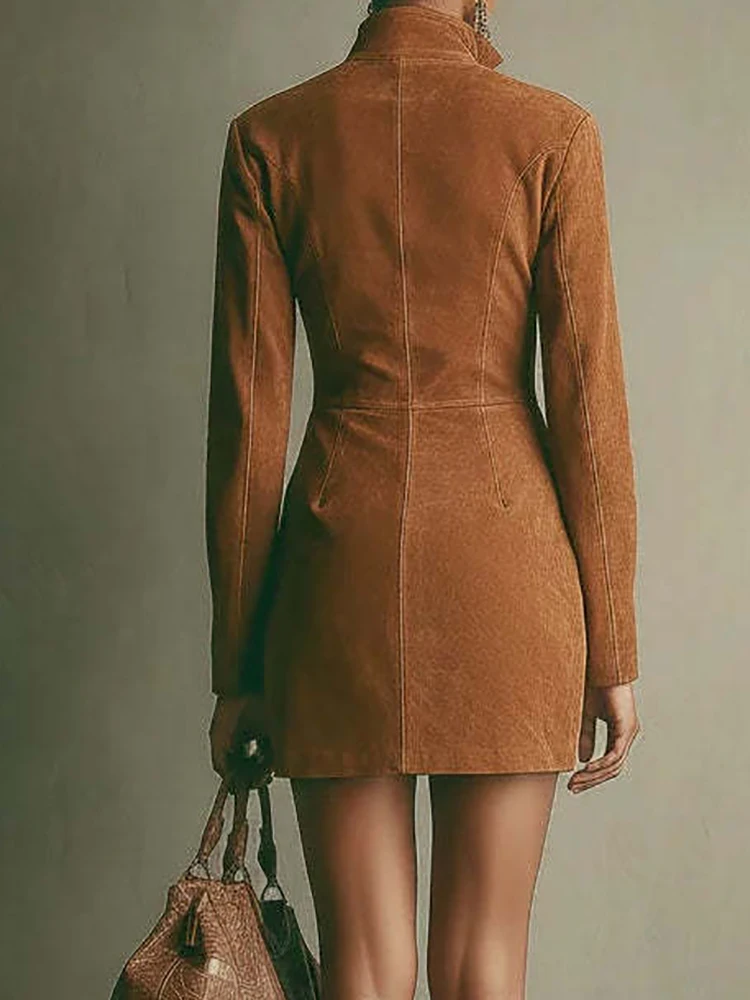 Vintage Stehkragen Patchwork Minikleid, Damen Herbst Winter Langarm Gerades Kleid, 2026 Fashion Zipper Chic Damenkleid