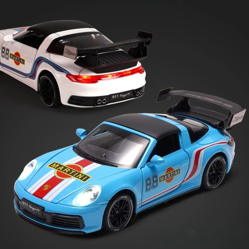 1:32 Porsche 911 Targa 4S Martini Racing Edition Sportwagen Legierung Metalldruckguss Modellauto Sound & Light Pull Back Fahrzeuge Geschenke