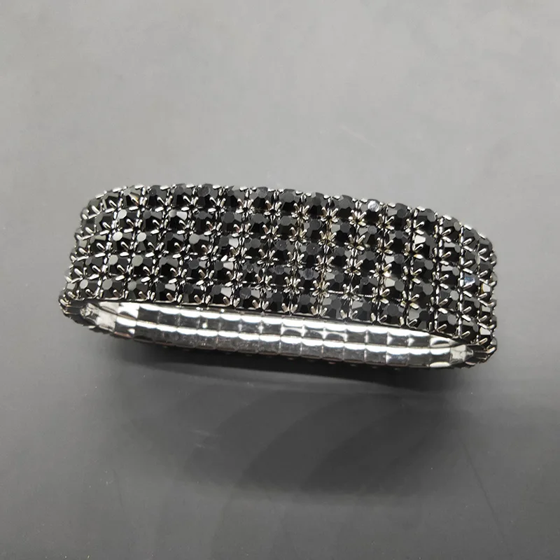 5-Row Black Crystal Rhinestone Elastic Stretch Bracelet Bridal Wedding Bracelets for Women