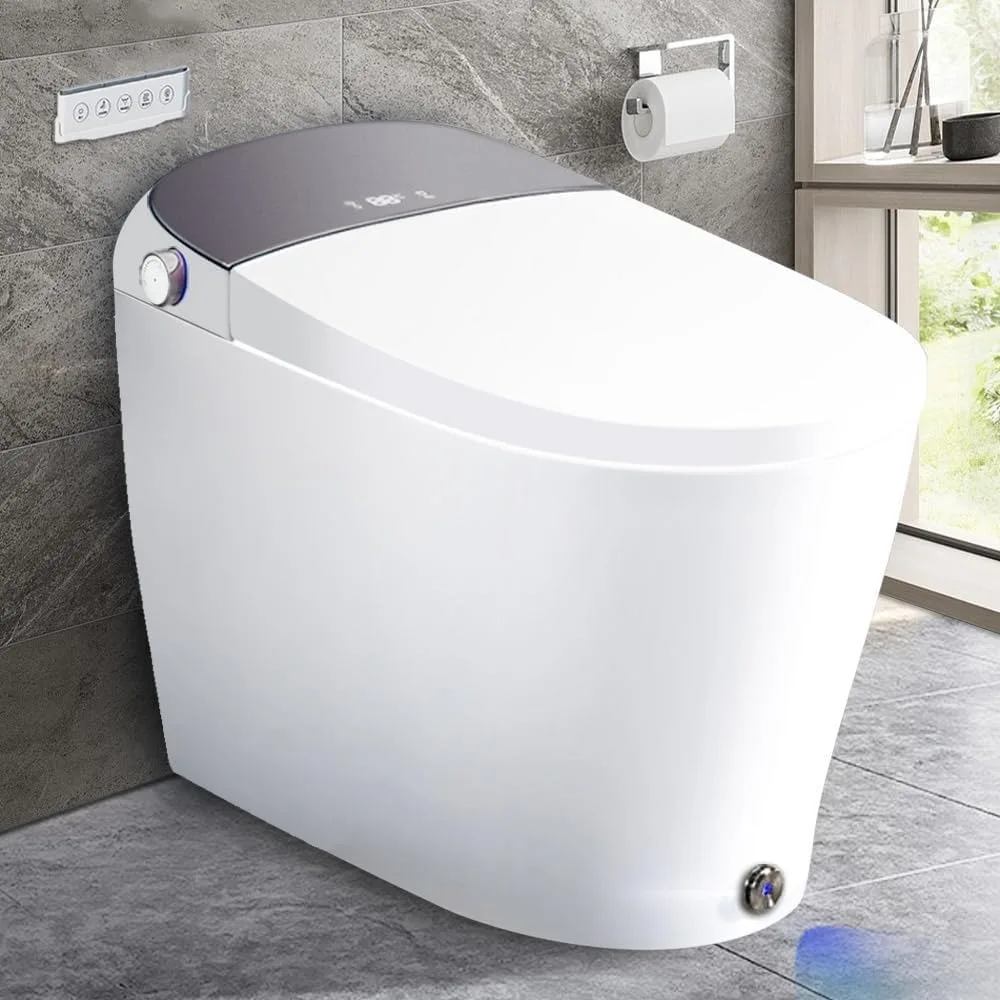 Smart Toilet Heated Seat with Auto Flush Foot Kick Flush Warm Wash，One Piece Toilet with Bidet Built in Night Light LED Display