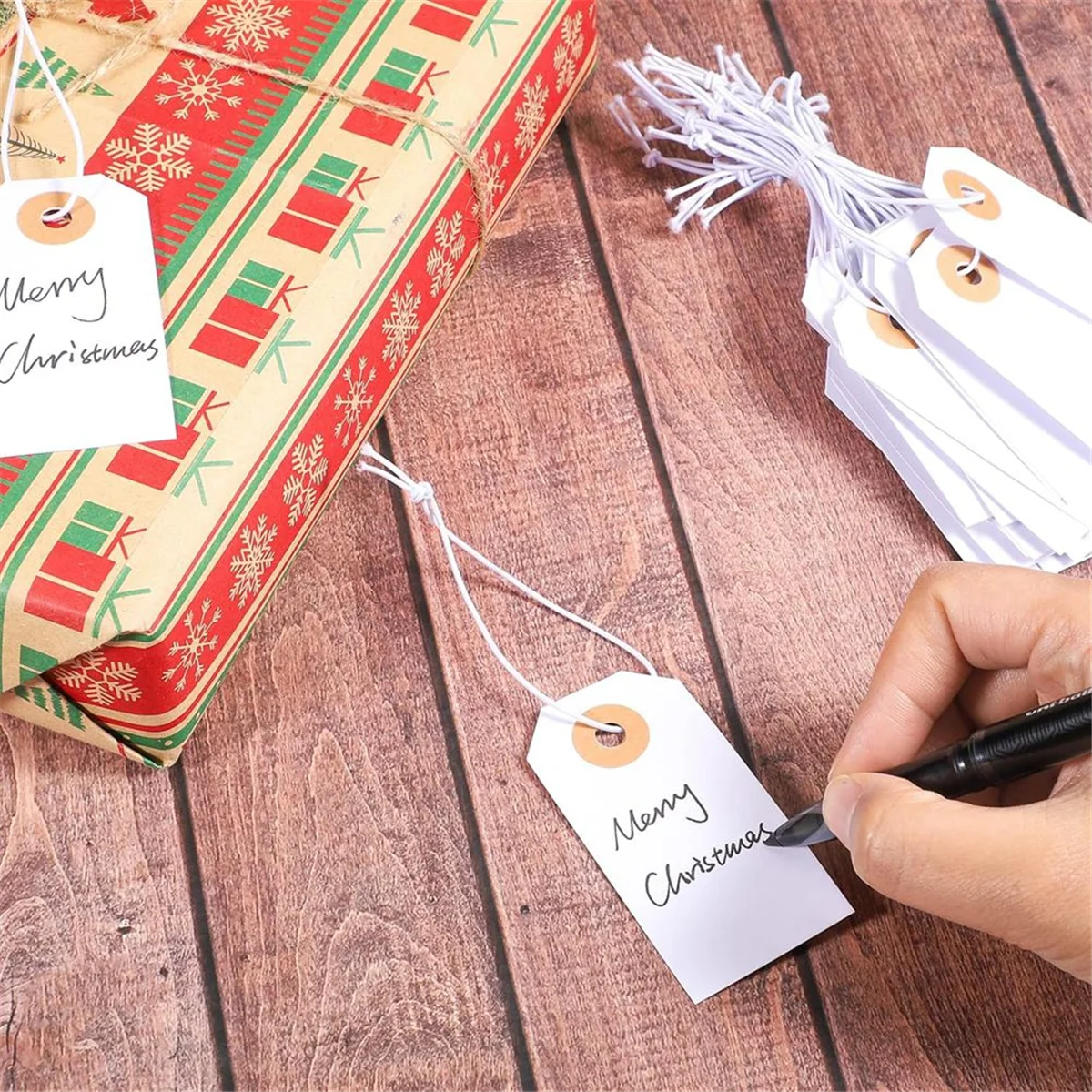 100 Pack Blank Tags with Elastic String Marking Hang Tags Attached Reinforced Hole Writable Blank Tags 2.75x1.37Inch TQ