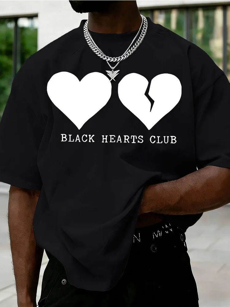 Mens Green Tee Black Hearts Broken Heart Graphic Crew Neck Loose Street Tops For Young Male Summer Daily Casual Outdoor Outfit