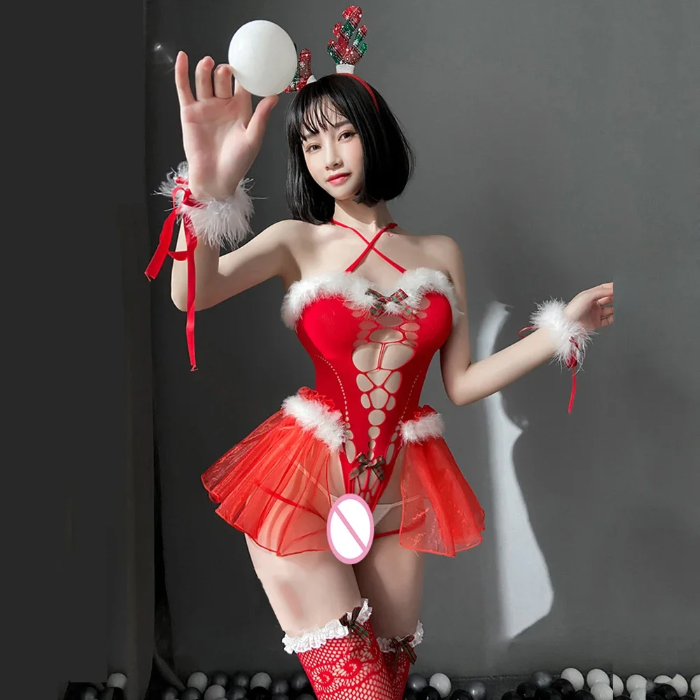 에로틱 크리스마스 레드 베이비돌 의상, 여성 브라 G-string 티팬티 바디 수트, 브래지어 스커트 세트, 이국적인 할로우 아웃 레이스 란제리