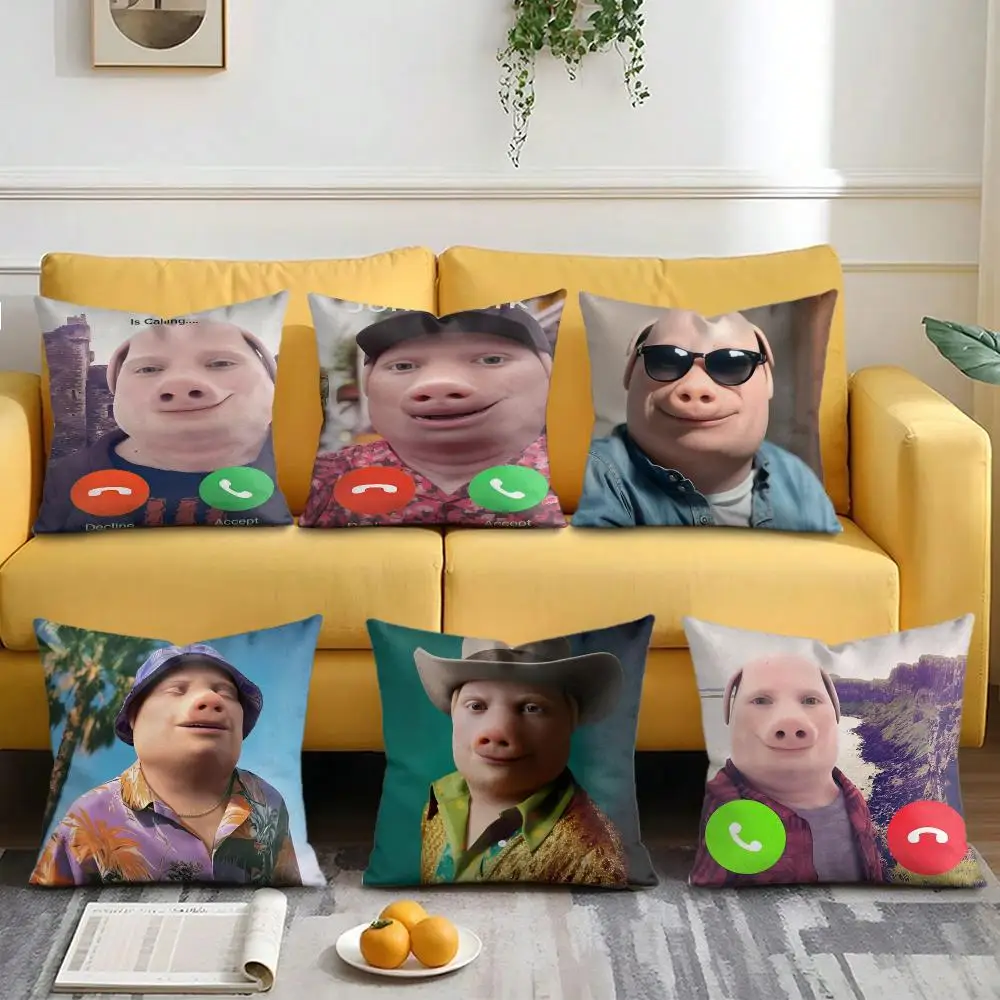 Funny John Pork Is Calling Cushion Cover Soft Plush Fabric Double-Sided Printed Pillowcase for All Seasons Home Decor
