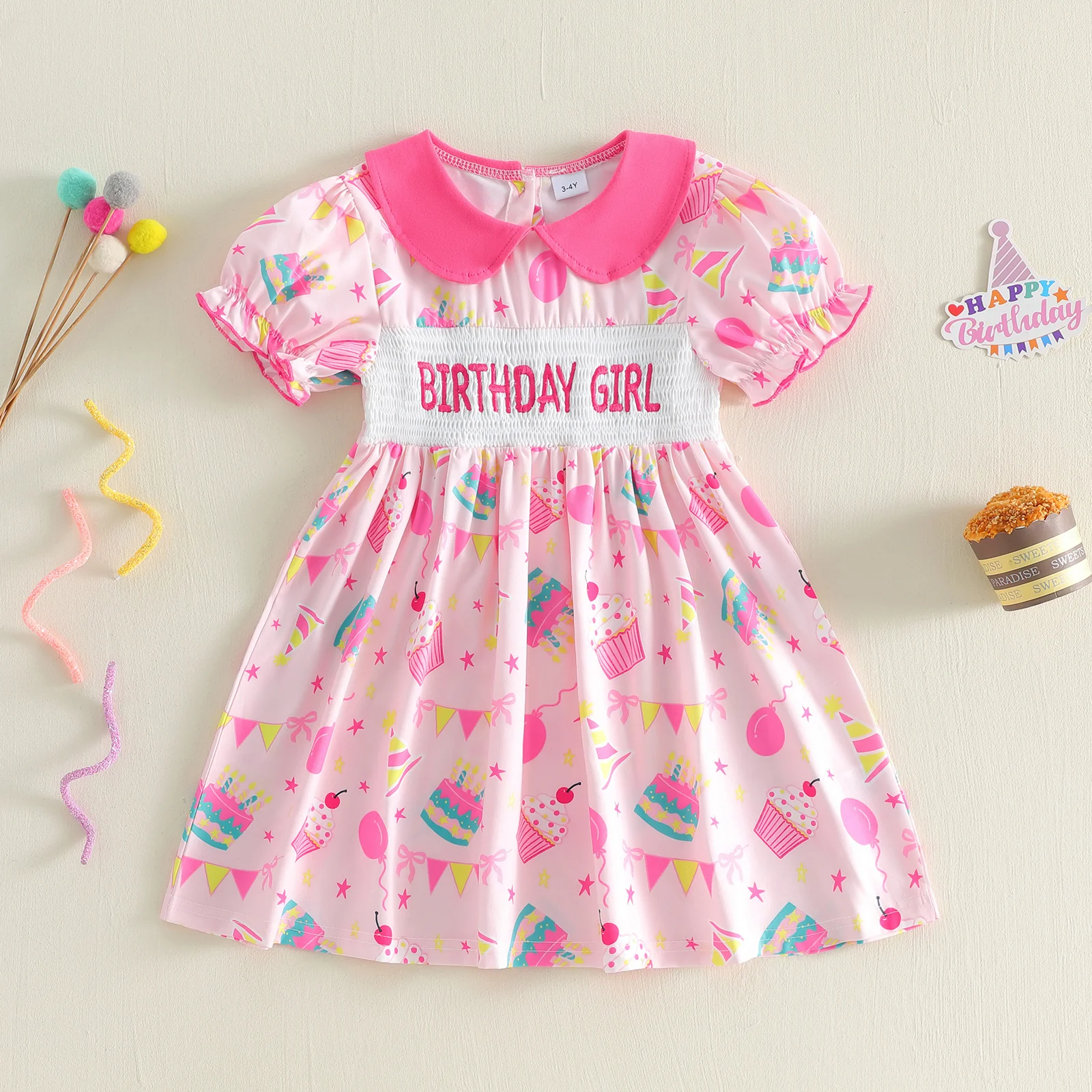 1-5Y Summer Toddler Baby Girl Birthday Dress A Line Letter Embroidered Birthday Theme Print Doll Collar Short Sleeve Dress