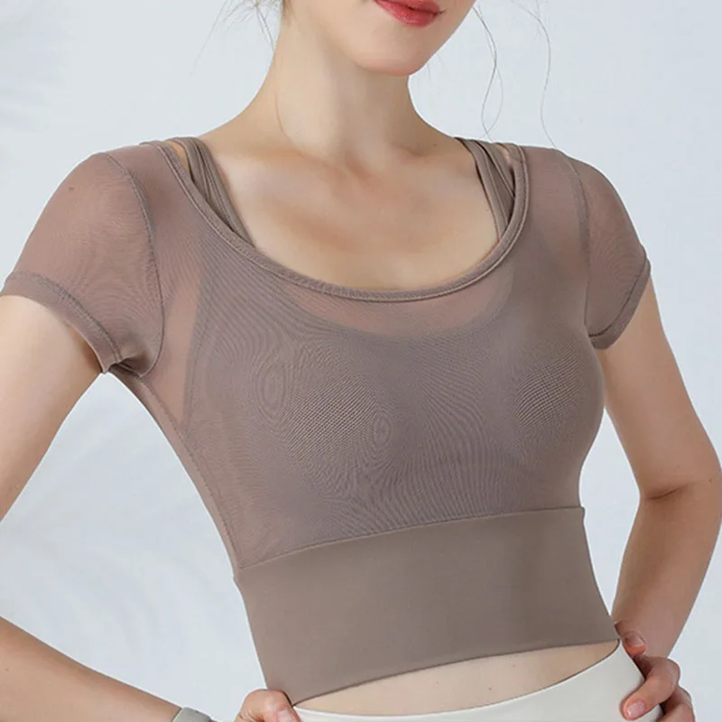 Summer Sexy Mesh Bra Breathable Yoga clothing Quick-Drying Gym Top Women Fitness Crop Top Yoga Short Sleeved Sport Shirt Women